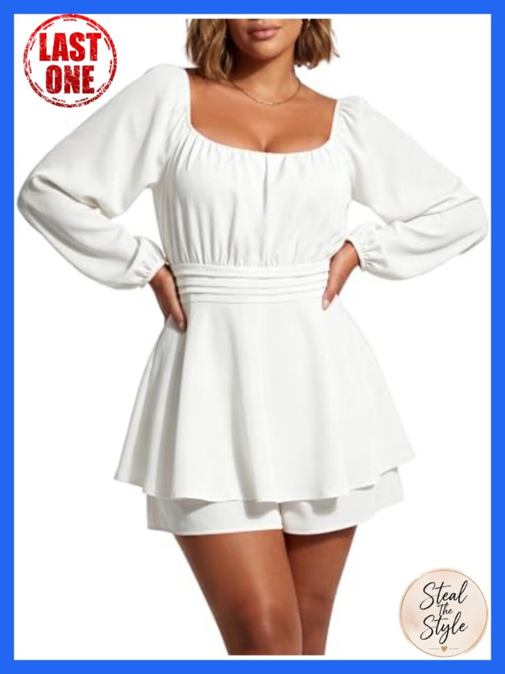 Plus Size Square Neck Puff Sleeve Romper Dress with Shorts